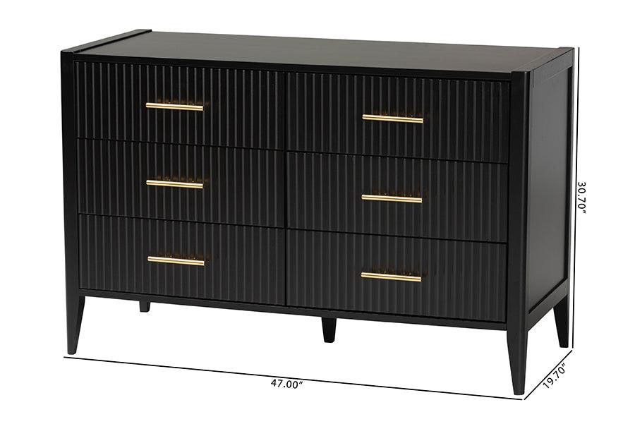 Baxton Studio Primrose Mid-Century Black Fluted Wood 6-Drawer Dresser FredCo