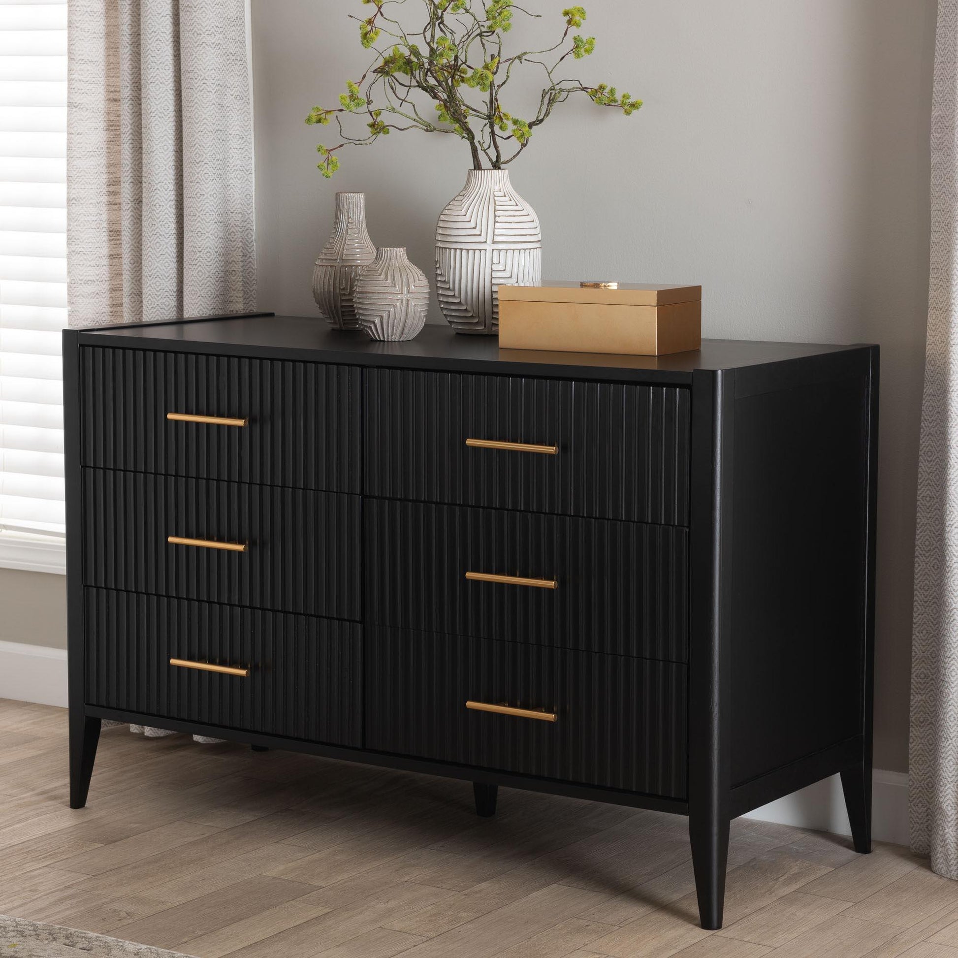 Baxton Studio Primrose Mid-Century Black Fluted Wood 6-Drawer Dresser Baxton Studio Primrose Mid-Century Black Fluted Wood 6-Drawer Dresser