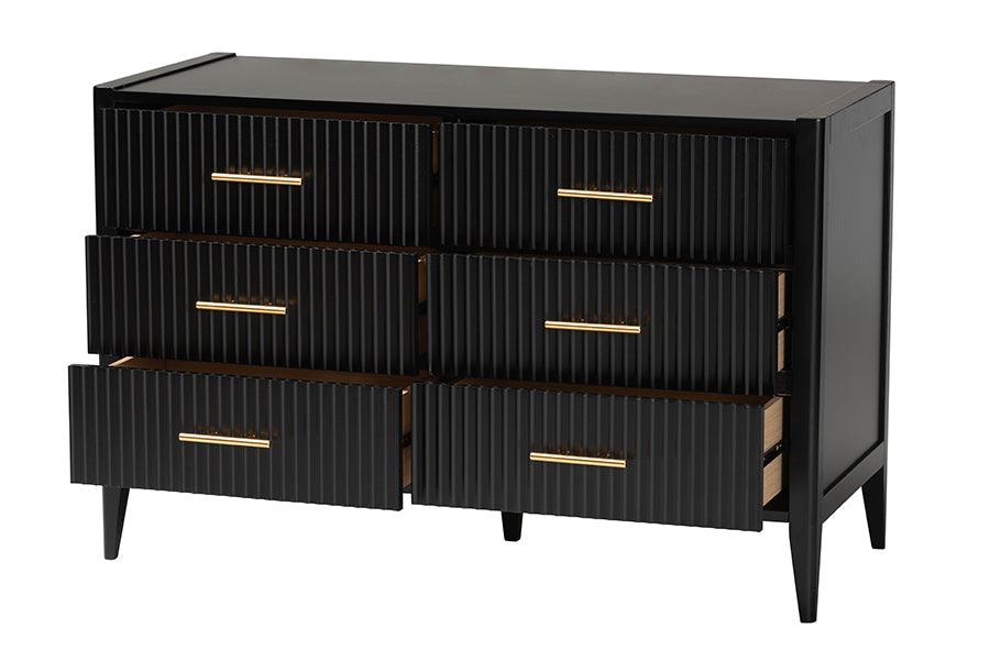 Baxton Studio Primrose Mid-Century Black Fluted Wood 6-Drawer Dresser FredCo