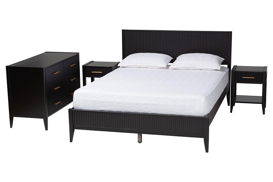 Baxton Studio Primrose Mid-Century Black Fluted Wood King Size 4-Piece Bedroom Set FredCo