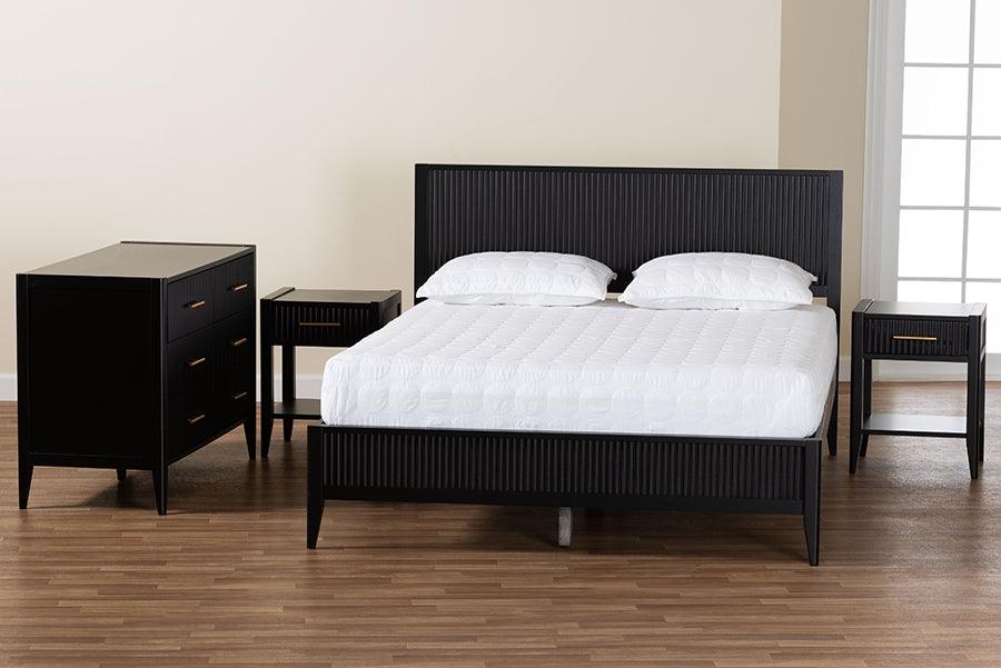 Baxton Studio Primrose Mid-Century Black Fluted Wood King Size 4-Piece Bedroom Set FredCo