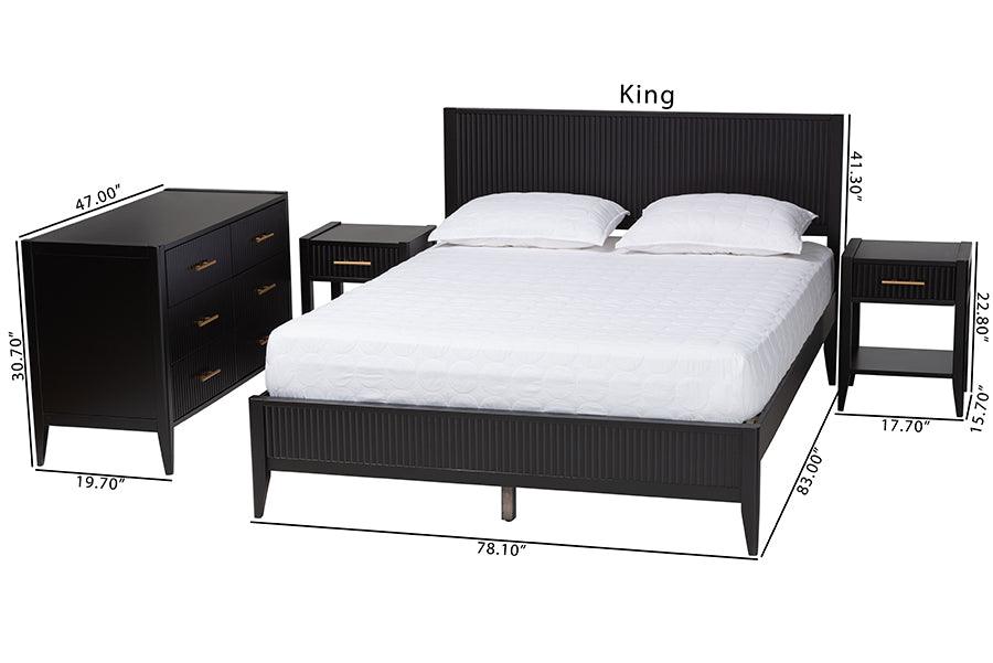 Baxton Studio Primrose Mid-Century Black Fluted Wood King Size 4-Piece Bedroom Set FredCo