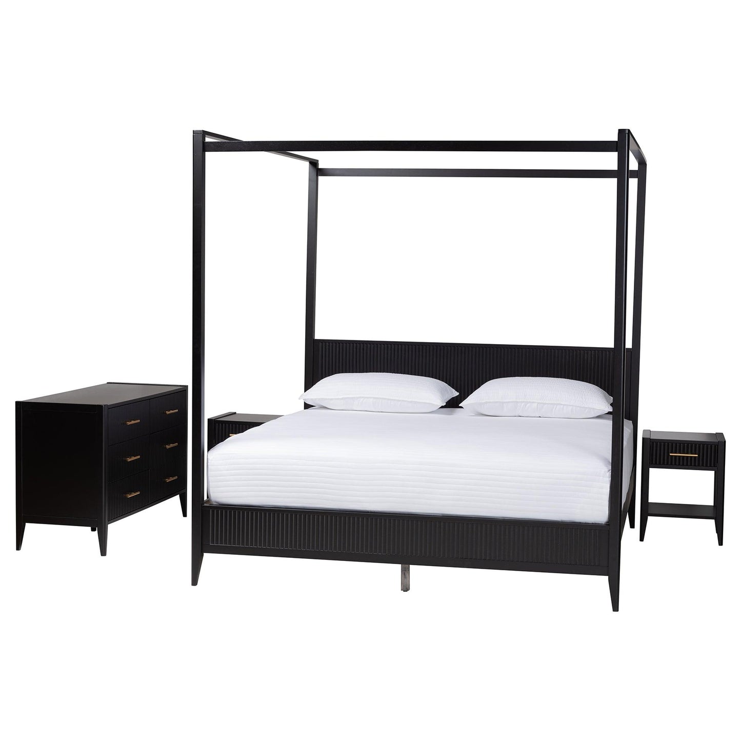Baxton Studio Primrose Mid-Century Black Fluted Wood King Size 4-Piece Canopy Bedroom Set FredCo