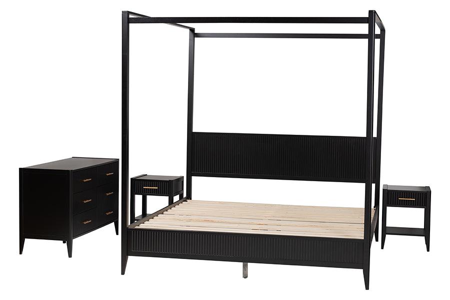Baxton Studio Primrose Mid-Century Black Fluted Wood King Size 4-Piece Canopy Bedroom Set FredCo