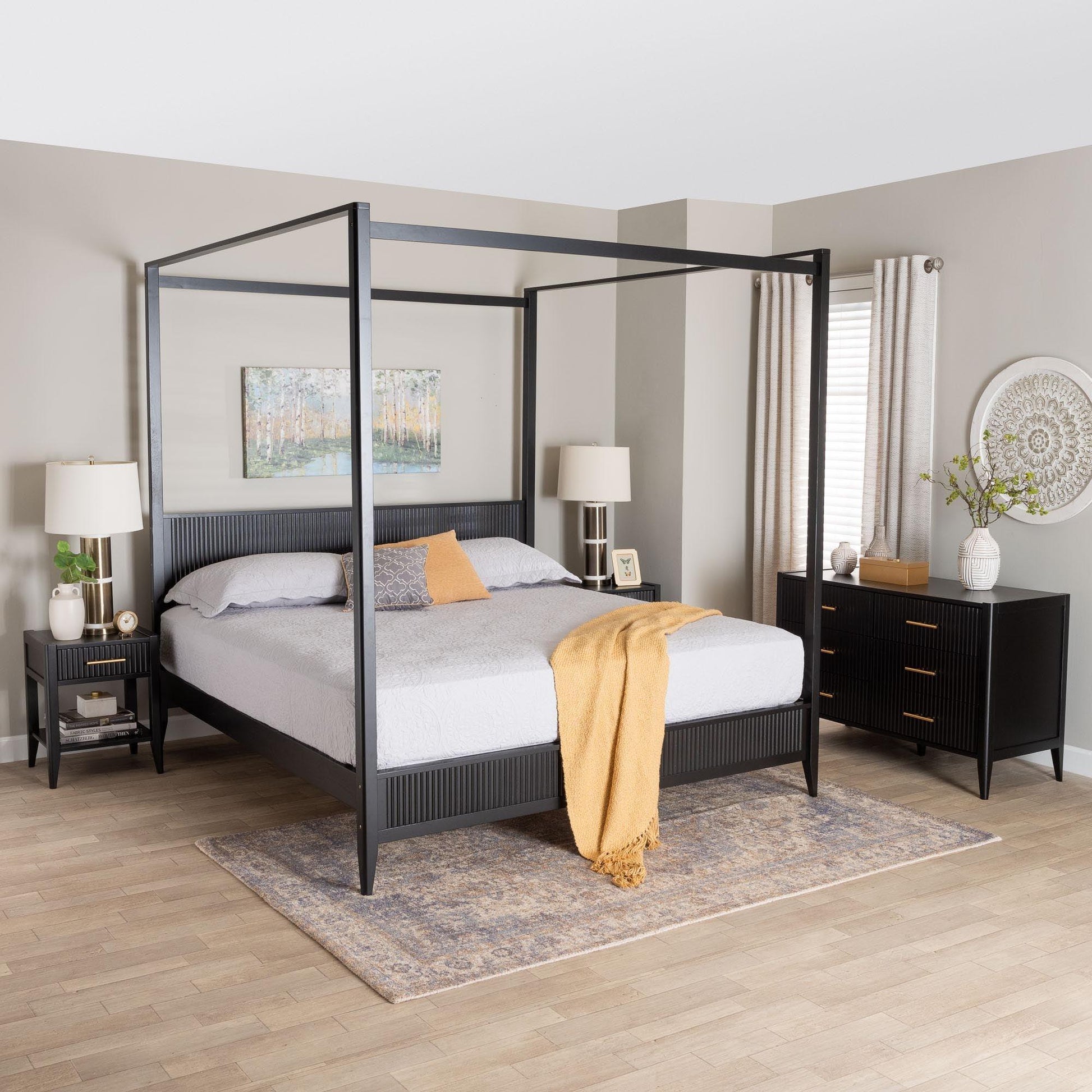 Baxton Studio Primrose Mid-Century Black Fluted Wood King Size 4-Piece Canopy Bedroom Set FredCo