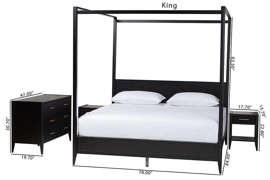 Baxton Studio Primrose Mid-Century Black Fluted Wood King Size 4-Piece Canopy Bedroom Set FredCo