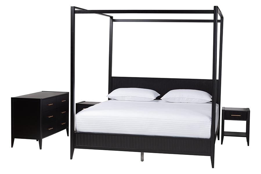 Baxton Studio Primrose Mid-Century Black Fluted Wood King Size 4-Piece Canopy Bedroom Set FredCo
