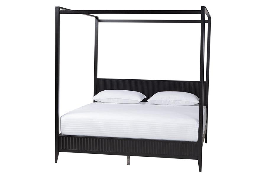 Baxton Studio Primrose Mid-Century Black Fluted Wood King Size 4-Piece Canopy Bedroom Set FredCo