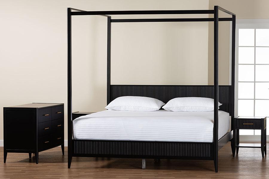 Baxton Studio Primrose Mid-Century Black Fluted Wood King Size 4-Piece Canopy Bedroom Set FredCo