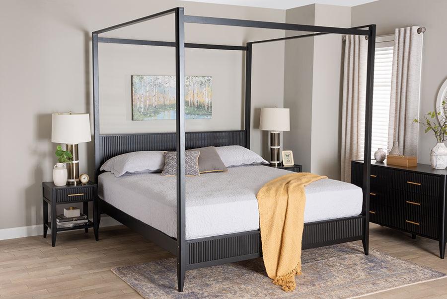 Baxton Studio Primrose Mid-Century Black Fluted Wood King Size Canopy Bed FredCo