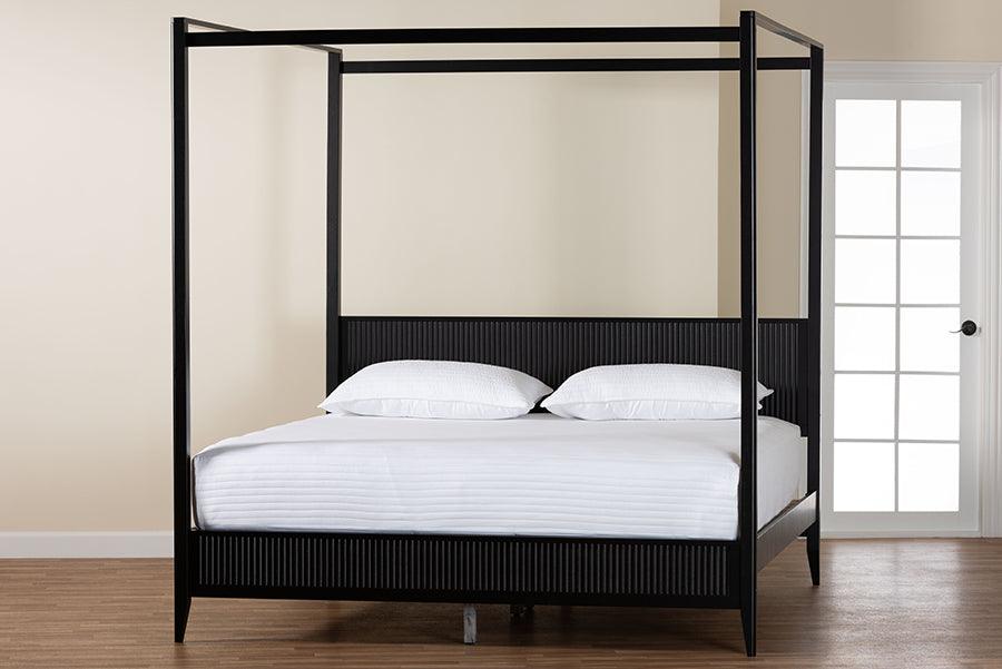 Baxton Studio Primrose Mid-Century Black Fluted Wood King Size Canopy Bed FredCo
