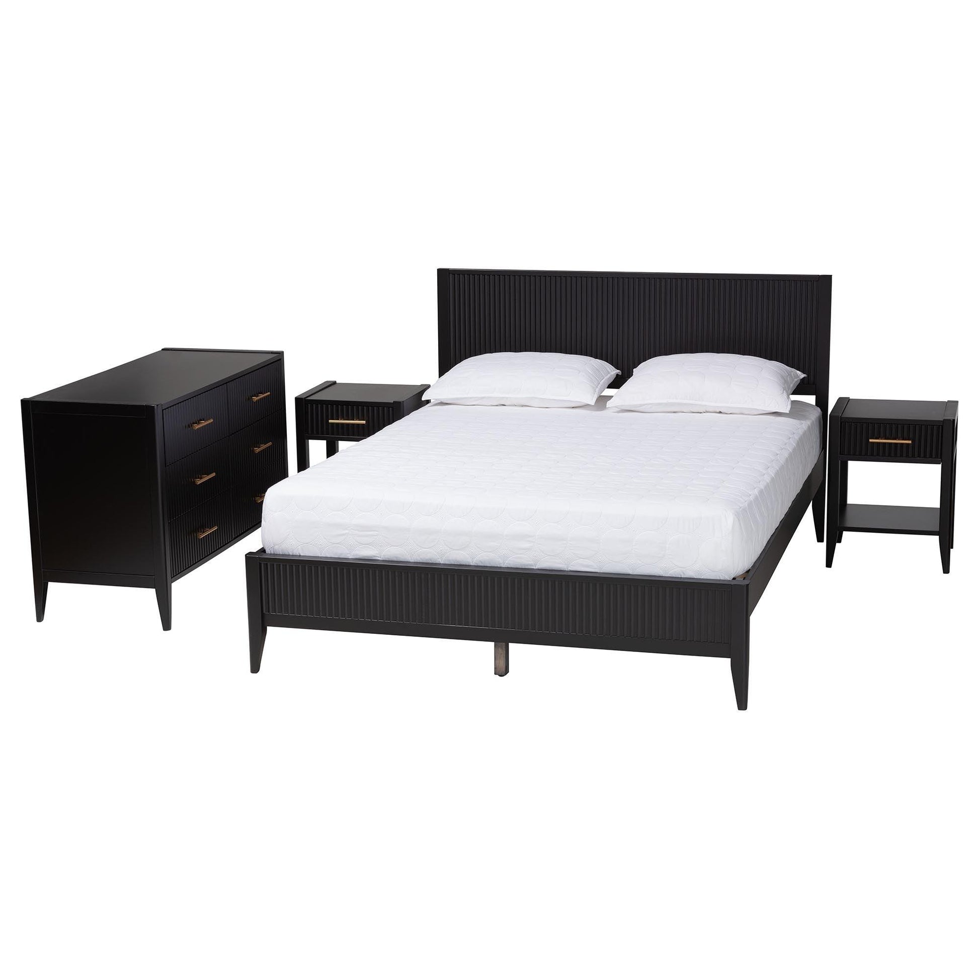 Baxton Studio Primrose Mid-Century Black Fluted Wood Queen Size 4-Piece Bedroom Set FredCo