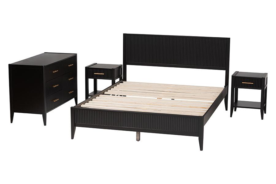 Baxton Studio Primrose Mid-Century Black Fluted Wood Queen Size 4-Piece Bedroom Set FredCo