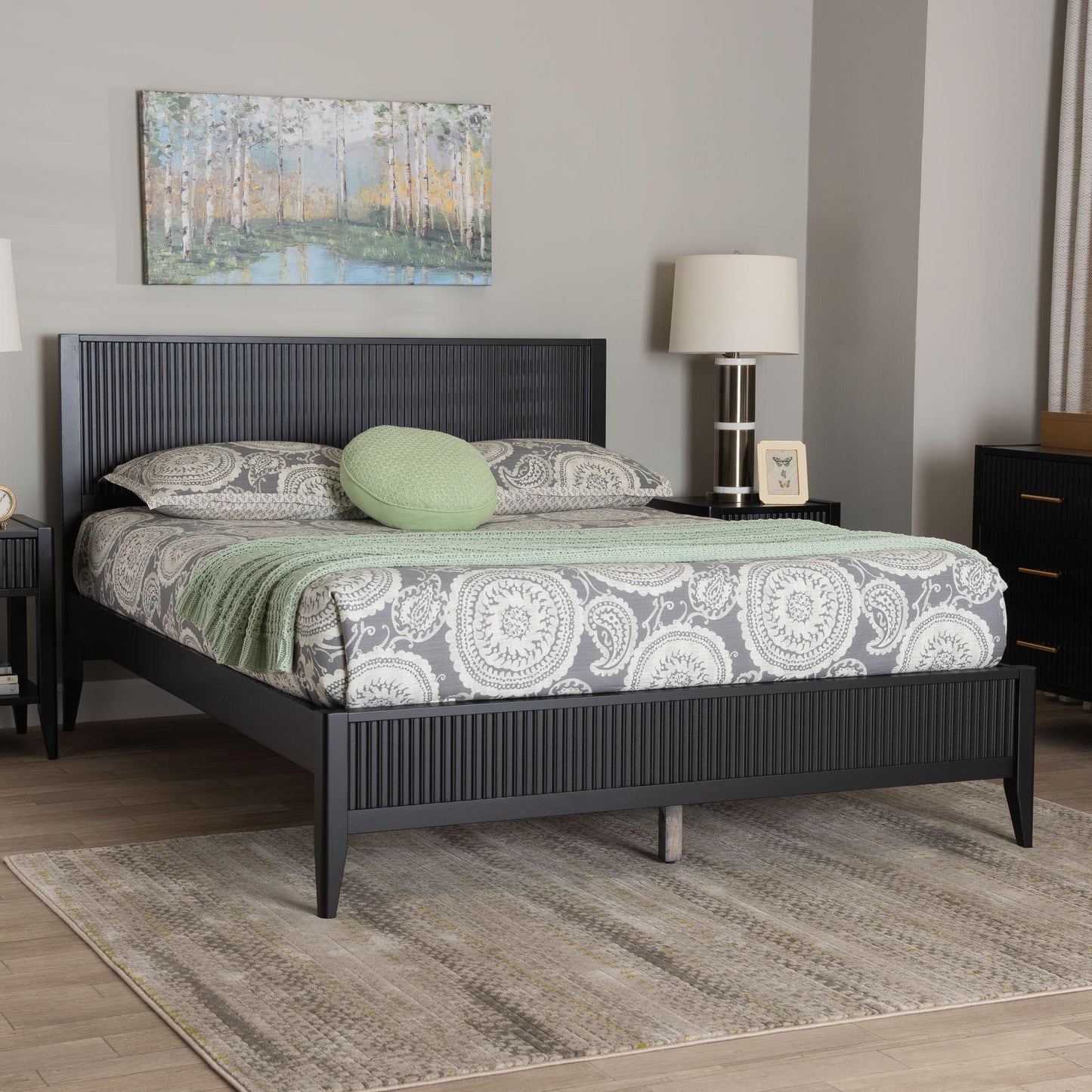 Baxton Studio Primrose Mid-Century Black Fluted Wood Queen Size Platform Bed FredCo