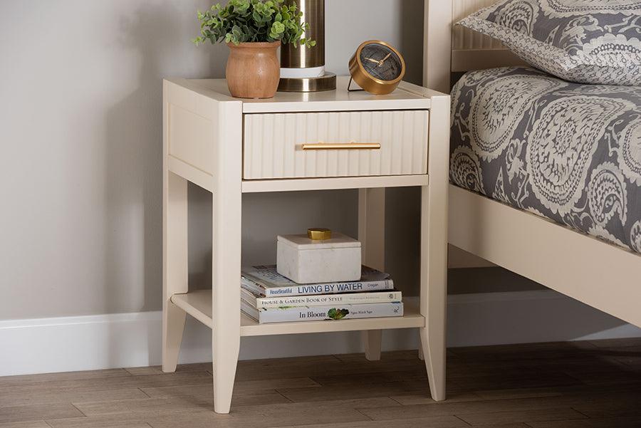 Baxton Studio Primrose Mid-Century Ivory Fluted Wood 1-Drawer Nightstand FredCo
