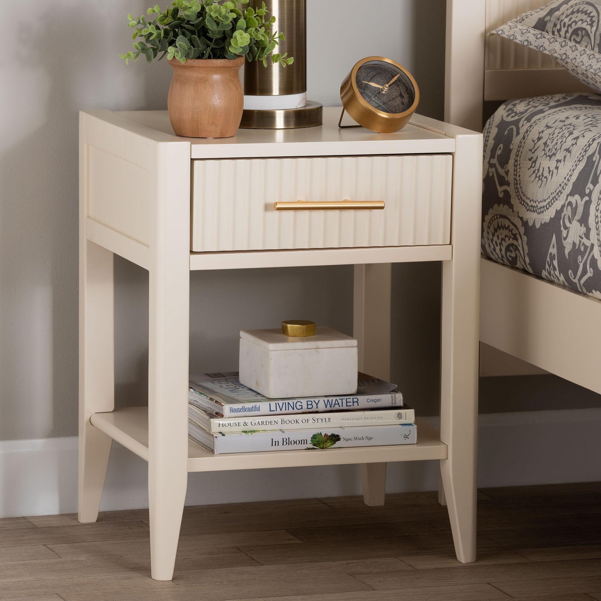 Baxton Studio Primrose Mid-Century Ivory Fluted Wood 1-Drawer Nightstand FredCo