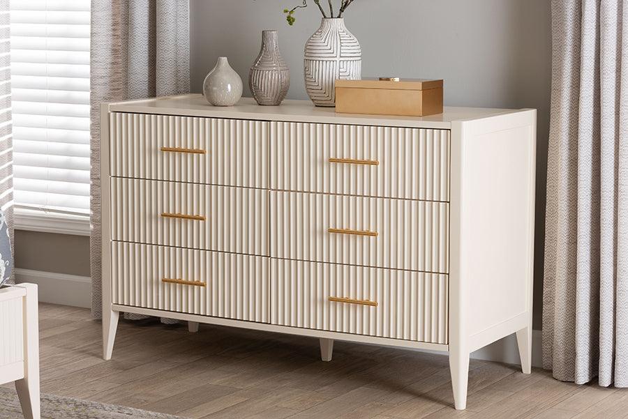 Baxton Studio Primrose Mid-Century Ivory Fluted Wood 6-Drawer Dresser FredCo