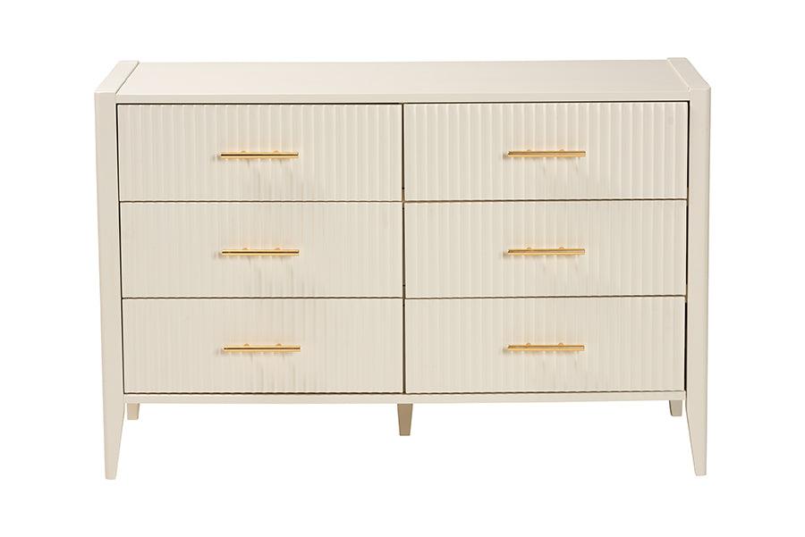 Baxton Studio Primrose Mid-Century Ivory Fluted Wood 6-Drawer Dresser FredCo