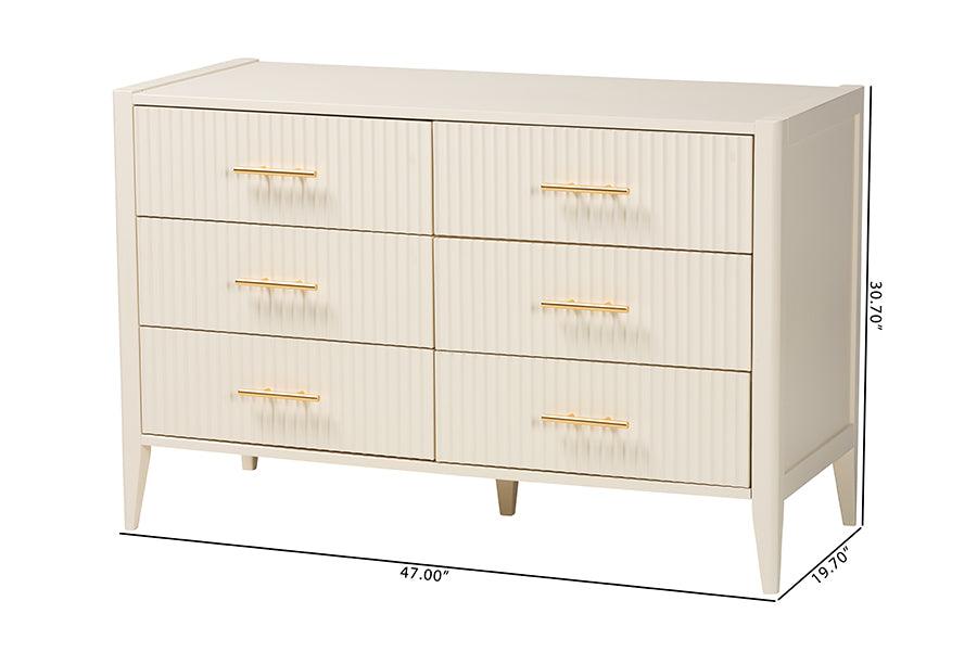Baxton Studio Primrose Mid-Century Ivory Fluted Wood 6-Drawer Dresser FredCo