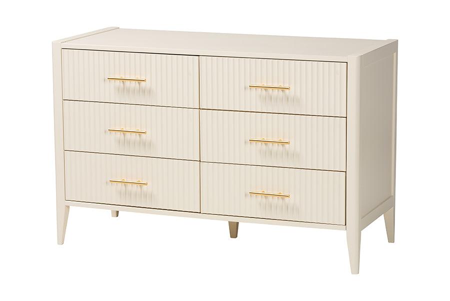Baxton Studio Primrose Mid-Century Ivory Fluted Wood 6-Drawer Dresser FredCo