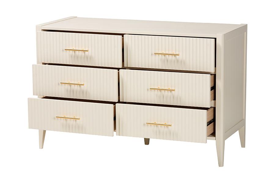 Baxton Studio Primrose Mid-Century Ivory Fluted Wood 6-Drawer Dresser FredCo