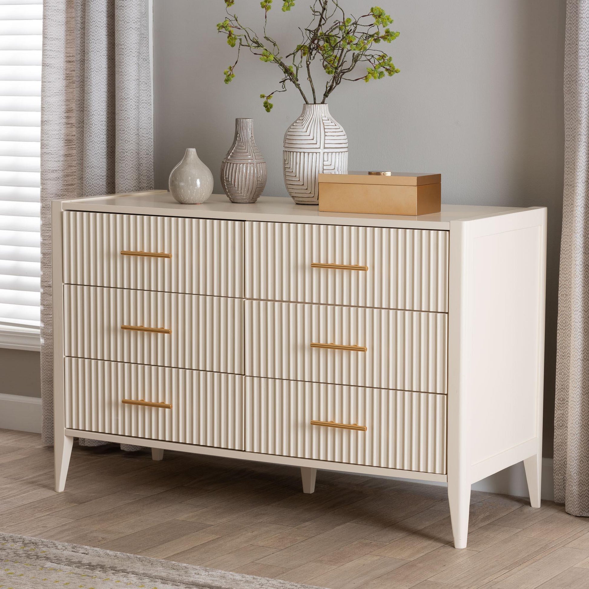 Baxton Studio Primrose Mid-Century Ivory Fluted Wood 6-Drawer Dresser FredCo