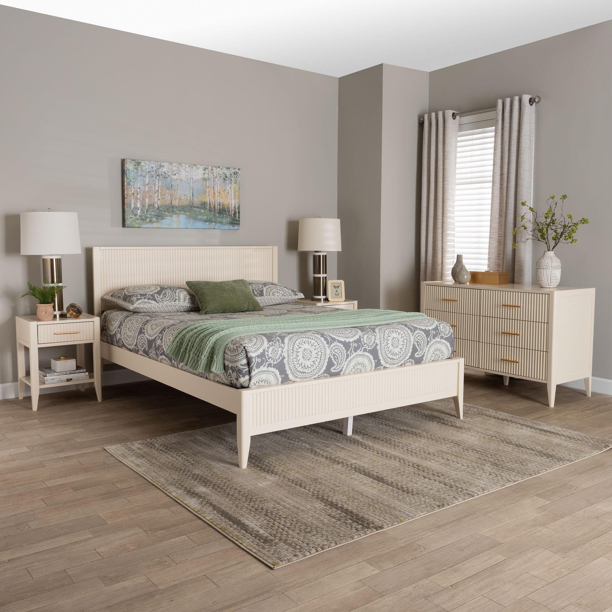Baxton Studio Primrose Mid-Century Ivory Fluted Wood King Size 4-Piece Bedroom Set FredCo