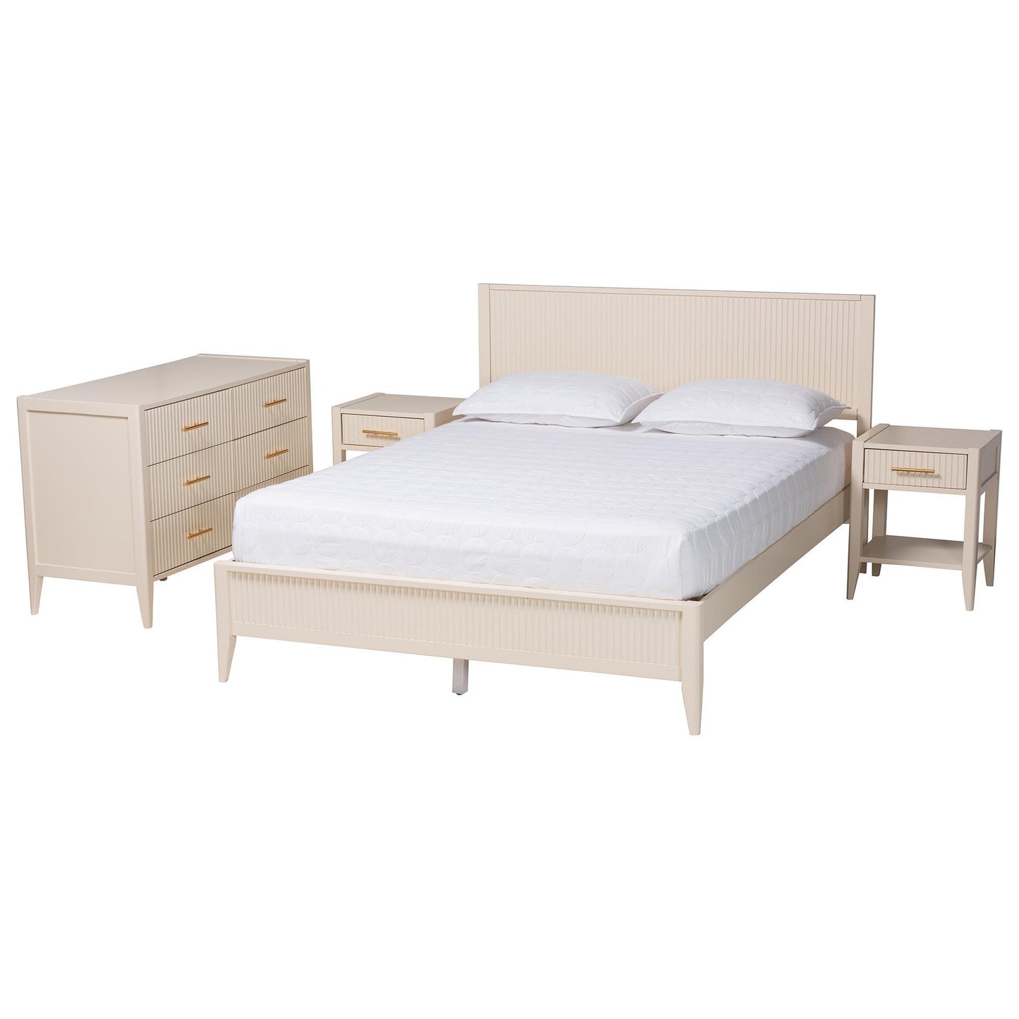 Baxton Studio Primrose Mid-Century Ivory Fluted Wood King Size 4-Piece Bedroom Set FredCo