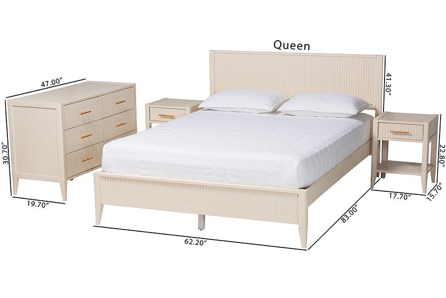 Baxton Studio Primrose Mid-Century Ivory Fluted Wood King Size 4-Piece Bedroom Set FredCo