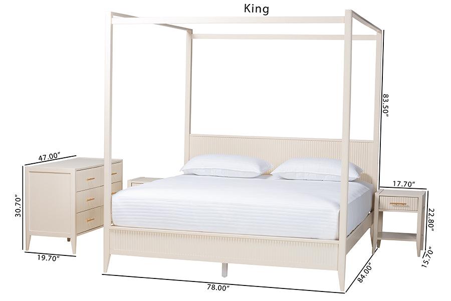 Baxton Studio Primrose Mid-Century Ivory Fluted Wood King Size 4-Piece Canopy Bedroom Set FredCo