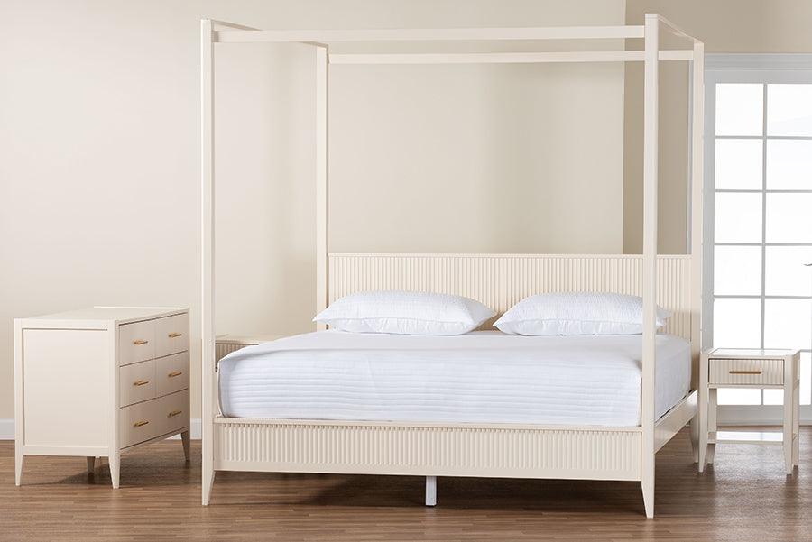 Baxton Studio Primrose Mid-Century Ivory Fluted Wood King Size 4-Piece Canopy Bedroom Set FredCo