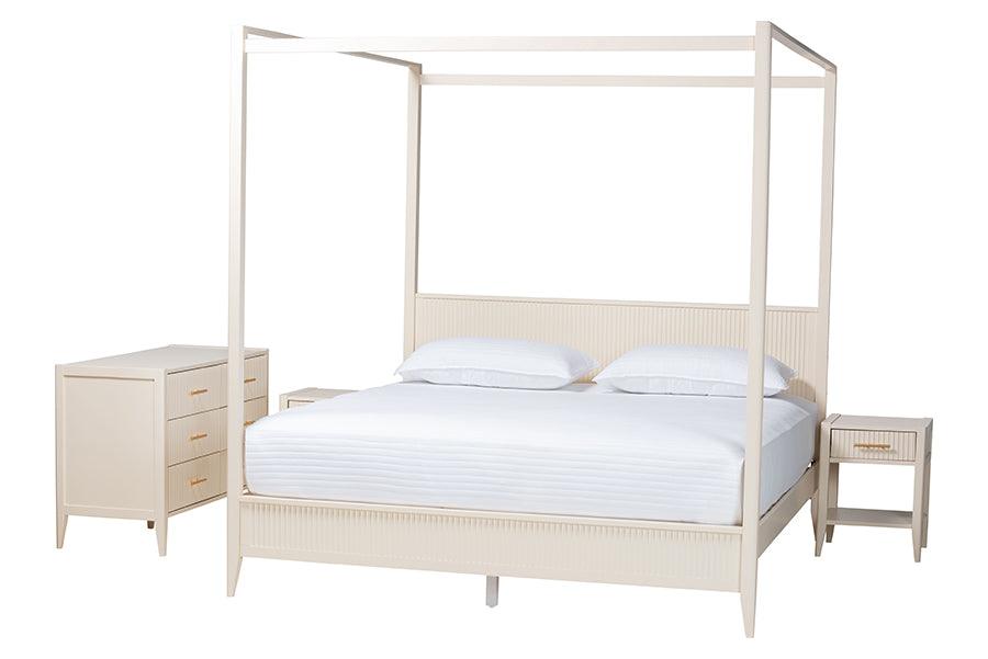 Baxton Studio Primrose Mid-Century Ivory Fluted Wood King Size 4-Piece Canopy Bedroom Set FredCo