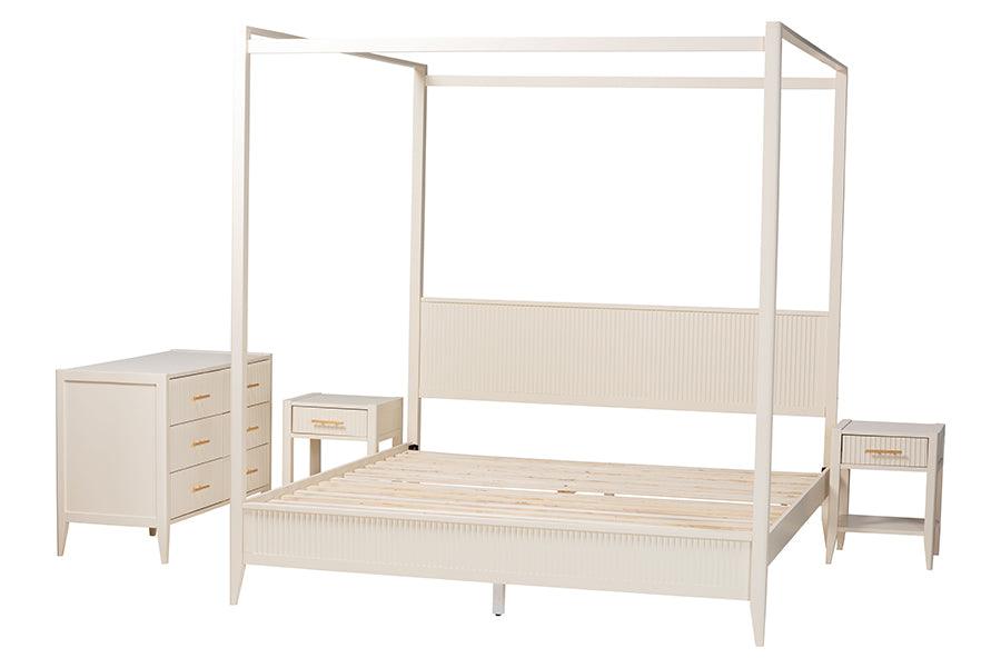 Baxton Studio Primrose Mid-Century Ivory Fluted Wood King Size 4-Piece Canopy Bedroom Set FredCo