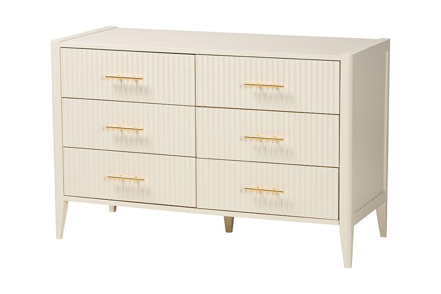 Baxton Studio Primrose Mid-Century Ivory Fluted Wood King Size 4-Piece Canopy Bedroom Set FredCo