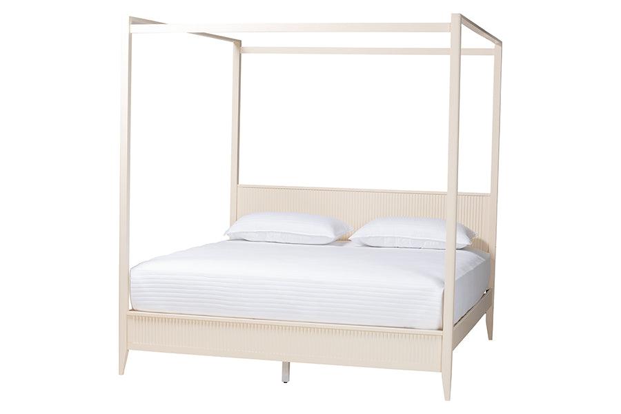 Baxton Studio Primrose Mid-Century Ivory Fluted Wood King Size 4-Piece Canopy Bedroom Set FredCo