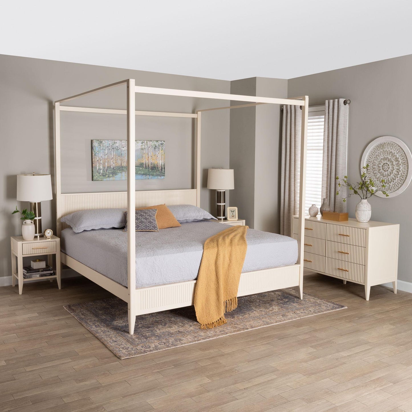 Baxton Studio Primrose Mid-Century Ivory Fluted Wood King Size 4-Piece Canopy Bedroom Set FredCo