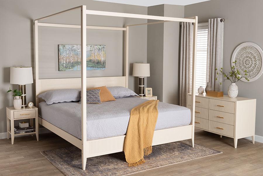 Baxton Studio Primrose Mid-Century Ivory Fluted Wood King Size 4-Piece Canopy Bedroom Set FredCo