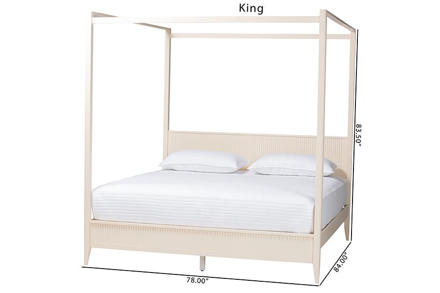 Baxton Studio Primrose Mid-Century Ivory Fluted Wood King Size Canopy Bed FredCo