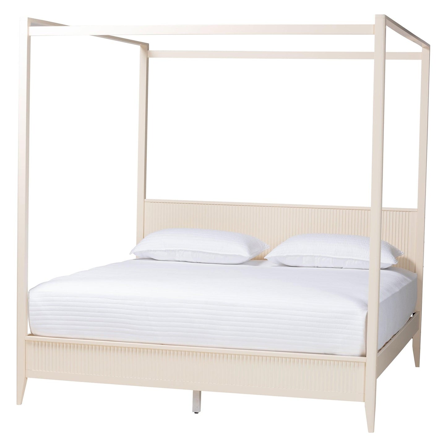 Baxton Studio Primrose Mid-Century Ivory Fluted Wood King Size Canopy Bed FredCo