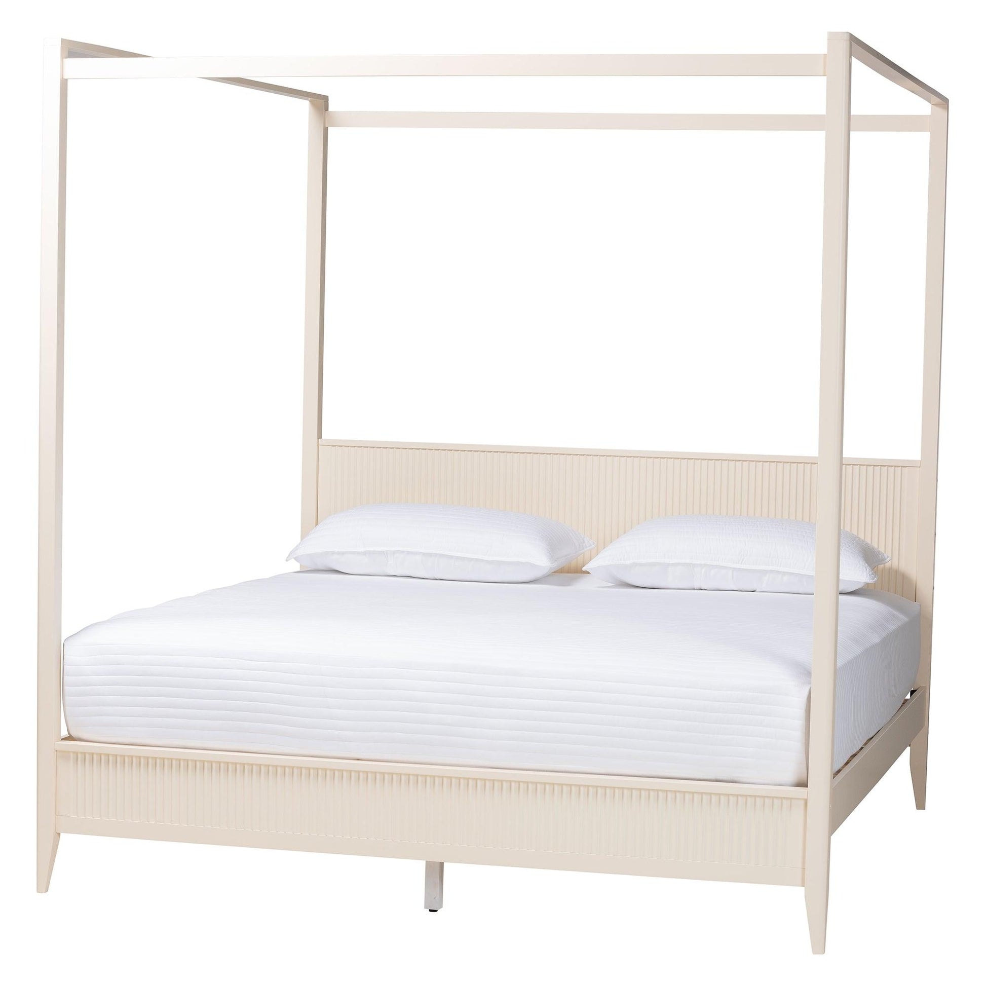 Baxton Studio Primrose Mid-Century Ivory Fluted Wood King Size Canopy Bed FredCo