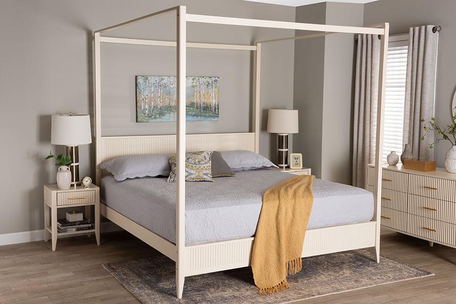 Baxton Studio Primrose Mid-Century Ivory Fluted Wood King Size Canopy Bed FredCo