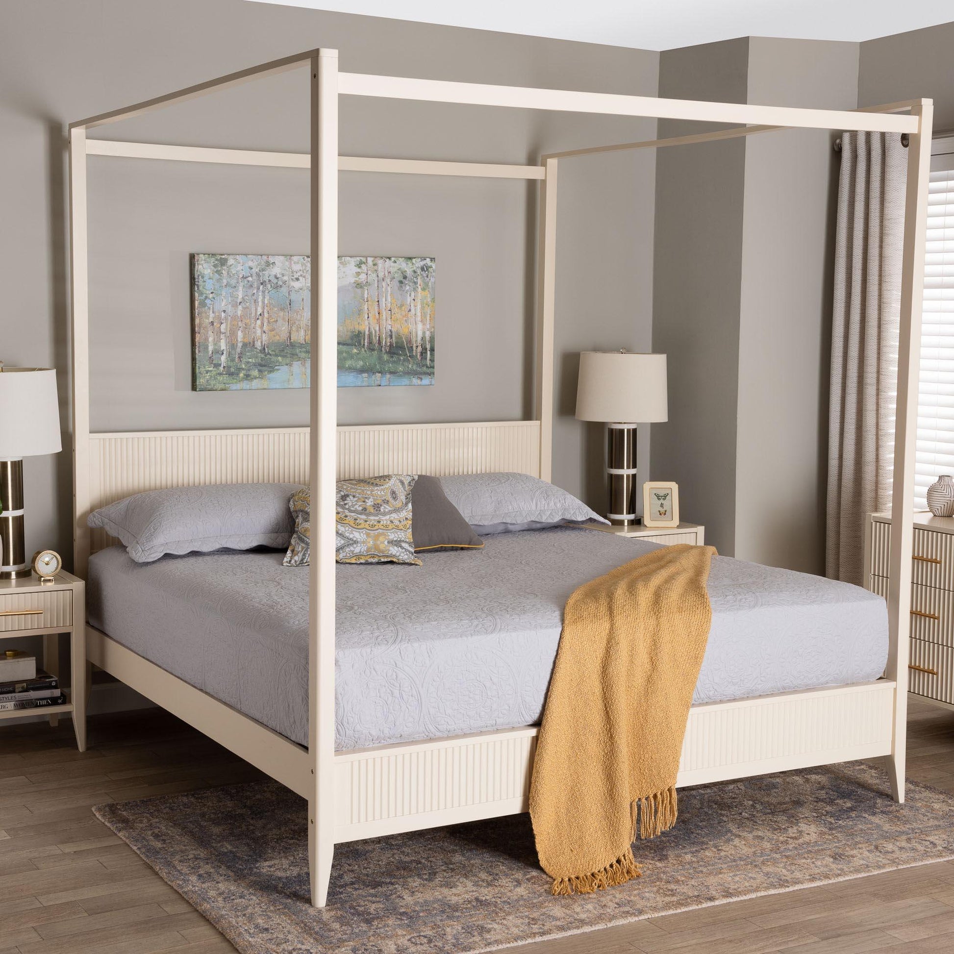 Baxton Studio Primrose Mid-Century Ivory Fluted Wood King Size Canopy Bed FredCo