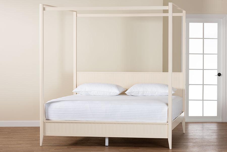 Baxton Studio Primrose Mid-Century Ivory Fluted Wood King Size Canopy Bed FredCo