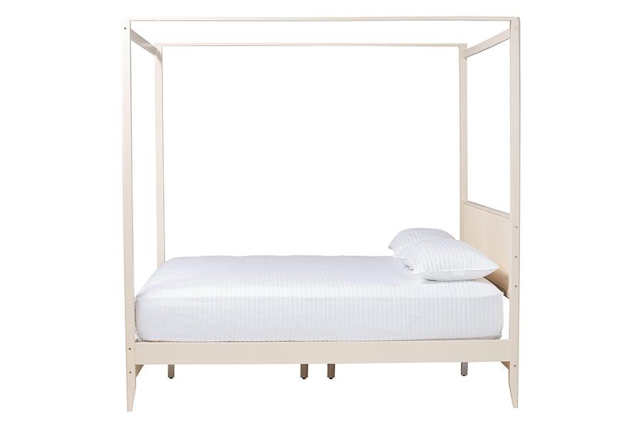 Baxton Studio Primrose Mid-Century Ivory Fluted Wood King Size Canopy Bed FredCo