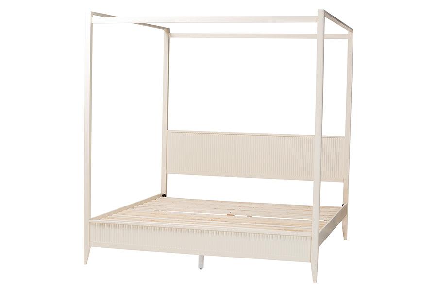Baxton Studio Primrose Mid-Century Ivory Fluted Wood King Size Canopy Bed FredCo
