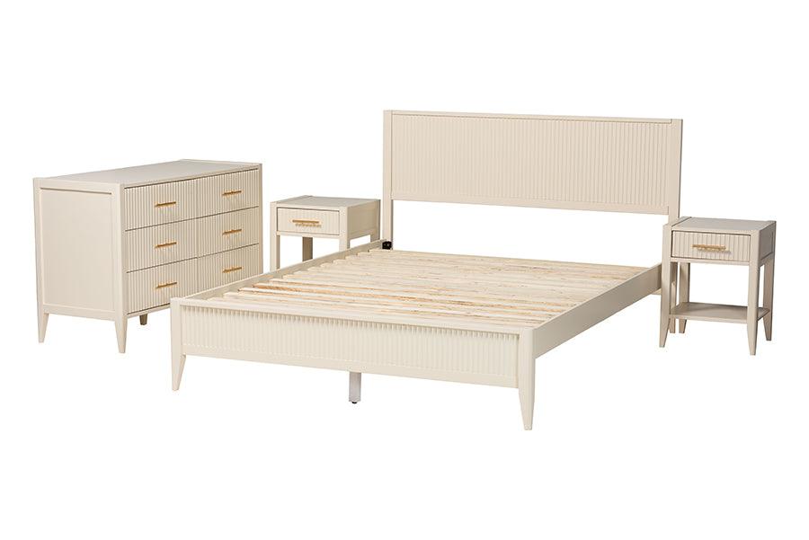 Baxton Studio Primrose Mid-Century Ivory Fluted Wood Queen Size 4-Piece Bedroom Set FredCo