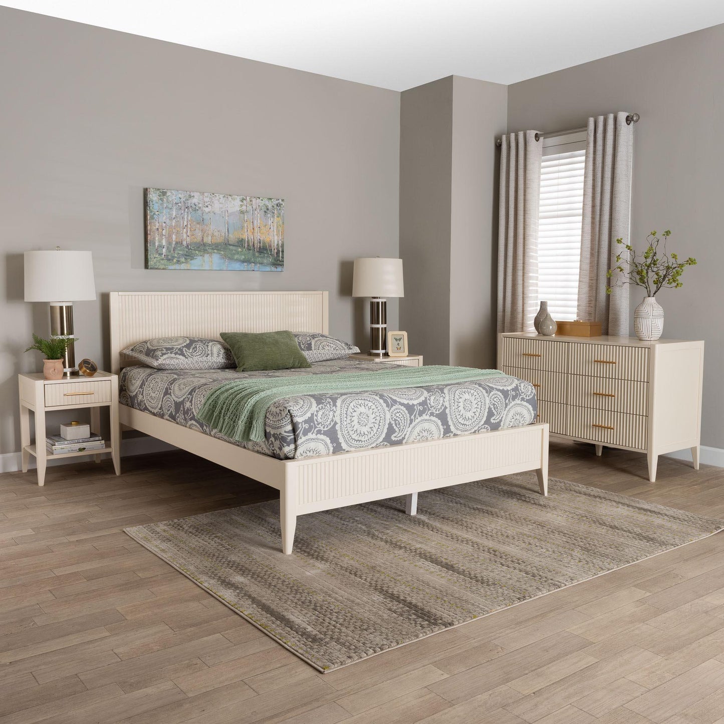 Baxton Studio Primrose Mid-Century Ivory Fluted Wood Queen Size 4-Piece Bedroom Set FredCo