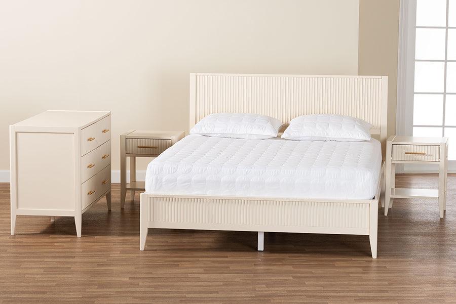 Baxton Studio Primrose Mid-Century Ivory Fluted Wood Queen Size 4-Piece Bedroom Set FredCo