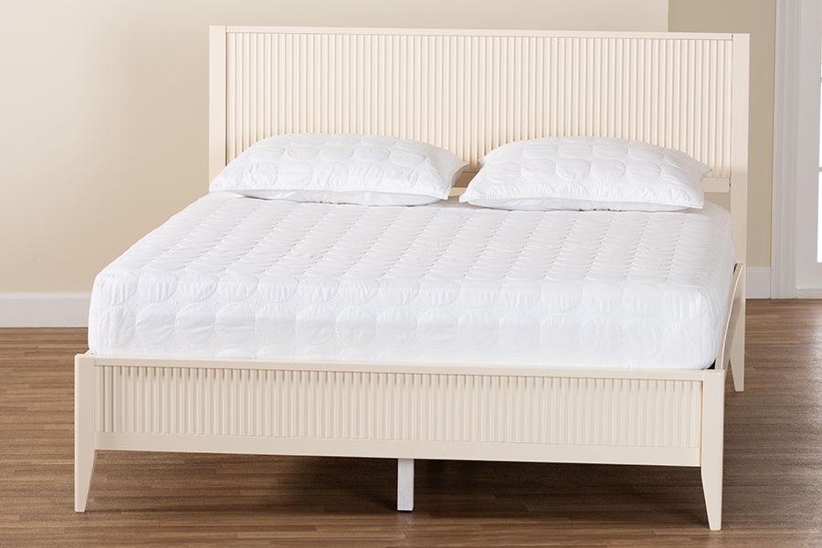 Baxton Studio Primrose Mid-Century Ivory Fluted Wood Queen Size Platform Bed FredCo