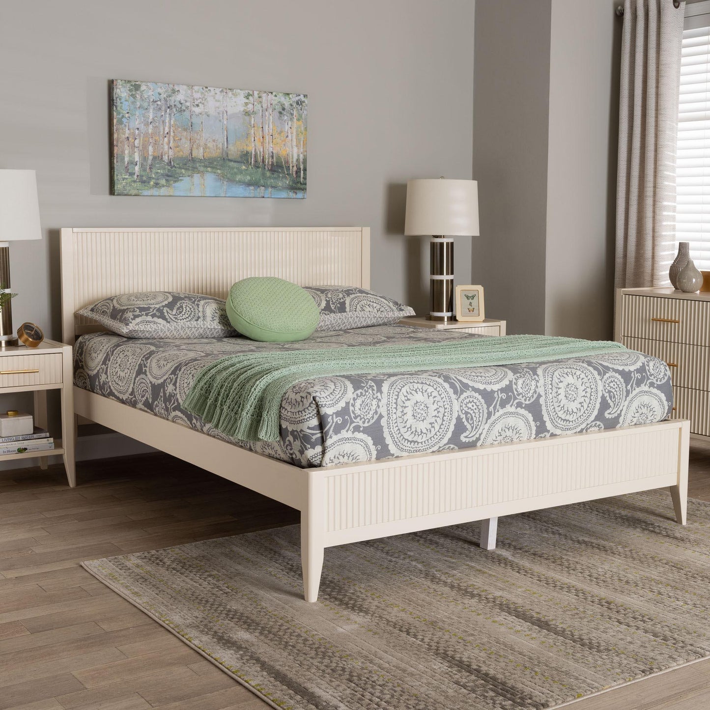 Baxton Studio Primrose Mid-Century Ivory Fluted Wood Queen Size Platform Bed FredCo